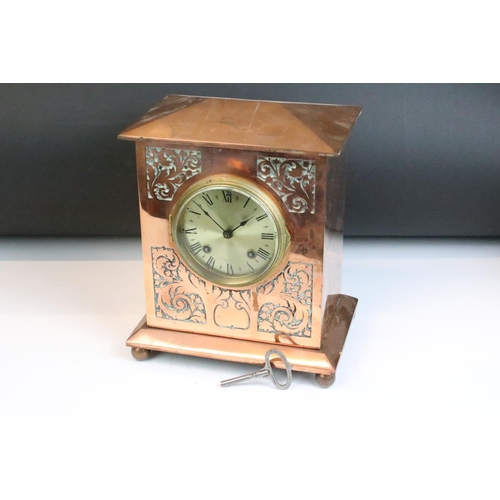 133 - Late 19th / early 20th century copper mantle clock, with scrolling Acanthus leaf panels to front, va... 