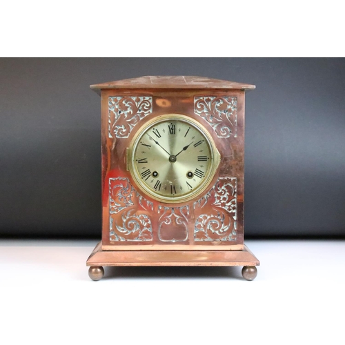 133 - Late 19th / early 20th century copper mantle clock, with scrolling Acanthus leaf panels to front, va... 