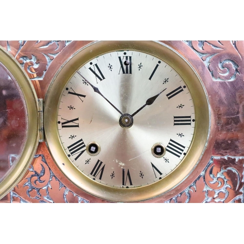 133 - Late 19th / early 20th century copper mantle clock, with scrolling Acanthus leaf panels to front, va... 