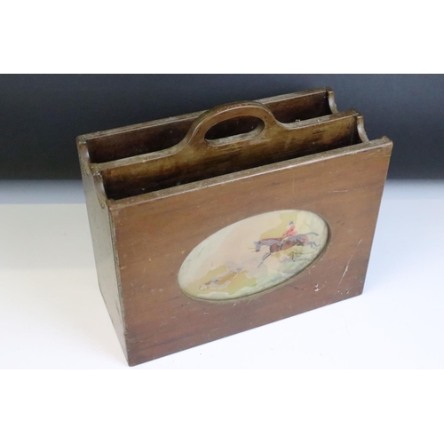 148 - Early-to-Mid 20th century wooden twin-compartment magazine rack, with reverse painted hunting scenes... 