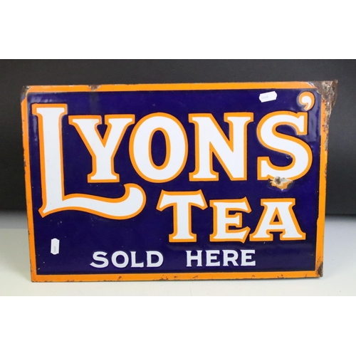 156 - Advertising - ' Lyons' Tea Sold Here ' double-sided wall mounted enamel sign. Measures approx 46cm W... 