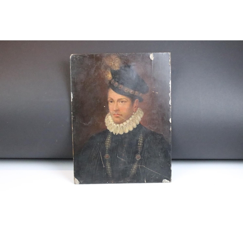 446 - Oil Painting Portrait on Panel of an Elizabethan Man dressed in a hat and ruffle, 34cm x 25cm