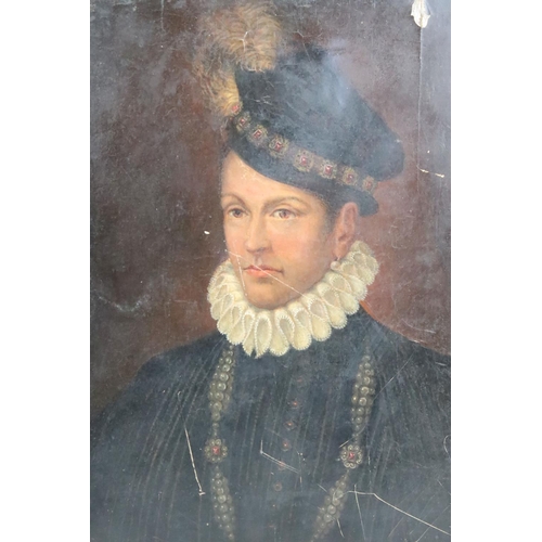 446 - Oil Painting Portrait on Panel of an Elizabethan Man dressed in a hat and ruffle, 34cm x 25cm