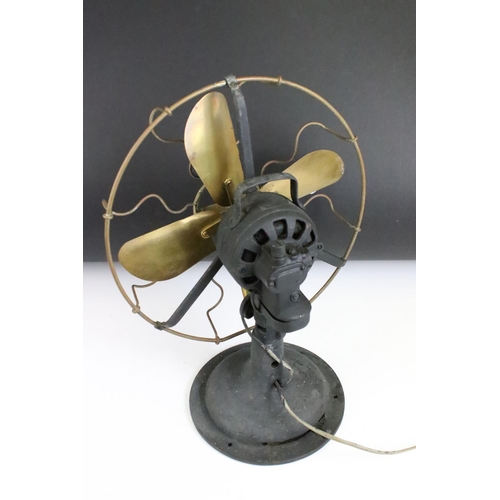 164 - Early 20th Century Marelli brass & cast iron electric desk fan. Measures approx 42cm high