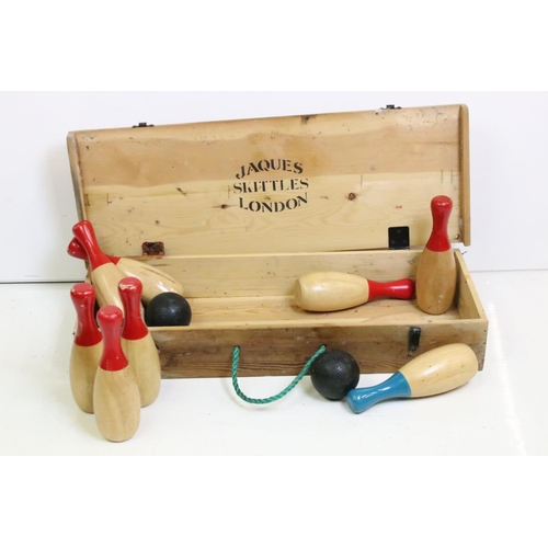 165 - Jaques of London - A boxed wooden skittles set with 9 skittles and 3 balls. Case measures approx 70c... 