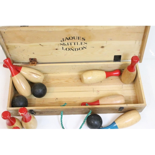 165 - Jaques of London - A boxed wooden skittles set with 9 skittles and 3 balls. Case measures approx 70c... 