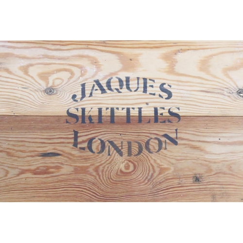 165 - Jaques of London - A boxed wooden skittles set with 9 skittles and 3 balls. Case measures approx 70c... 