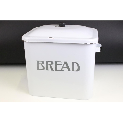 167 - White enamel bread bin & cover, twin handles. Measures approx 31cm H x 34cm W