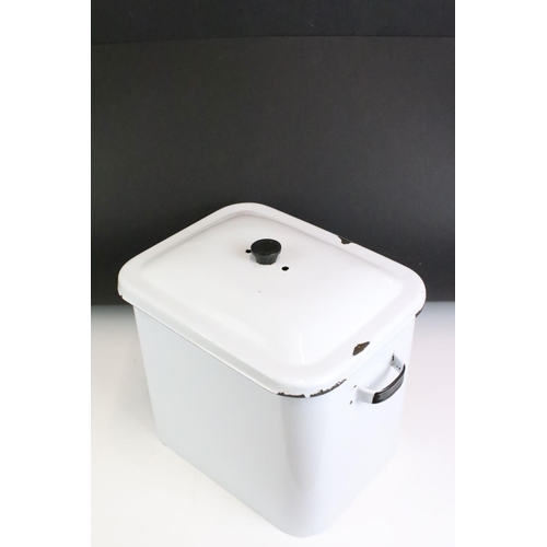 167 - White enamel bread bin & cover, twin handles. Measures approx 31cm H x 34cm W