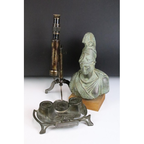 171 - An early 20th century Art Nouveau double inkwell / standish together with a antique style telescope ... 