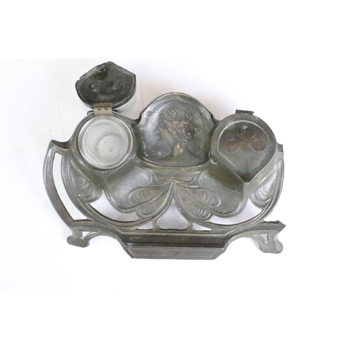 171 - An early 20th century Art Nouveau double inkwell / standish together with a antique style telescope ... 