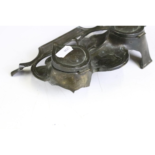 171 - An early 20th century Art Nouveau double inkwell / standish together with a antique style telescope ... 