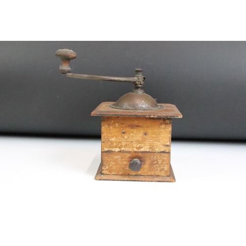 175 - An antique coffee grinder set within wooden case with lower coffee drawer.