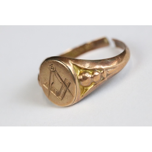 209 - A 9ct gold masonic gents signet ring together with art nouveau lady, cross, spoon and ashtray.