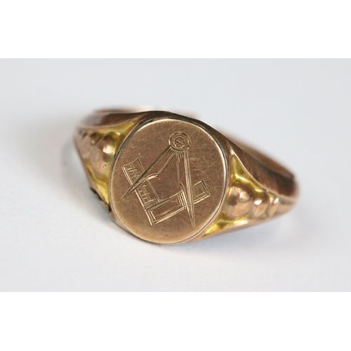 209 - A 9ct gold masonic gents signet ring together with art nouveau lady, cross, spoon and ashtray.