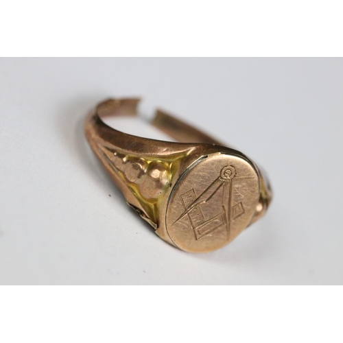 209 - A 9ct gold masonic gents signet ring together with art nouveau lady, cross, spoon and ashtray.