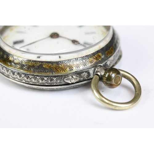 221 - A collection of three silver cased ladies fob watches, two with enamel decoration to the dial.