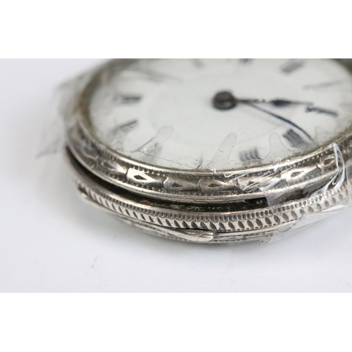 221 - A collection of three silver cased ladies fob watches, two with enamel decoration to the dial.