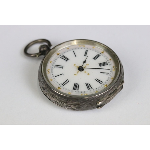 221 - A collection of three silver cased ladies fob watches, two with enamel decoration to the dial.