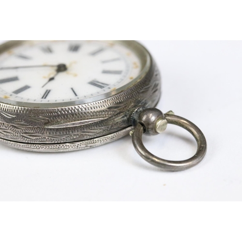 221 - A collection of three silver cased ladies fob watches, two with enamel decoration to the dial.