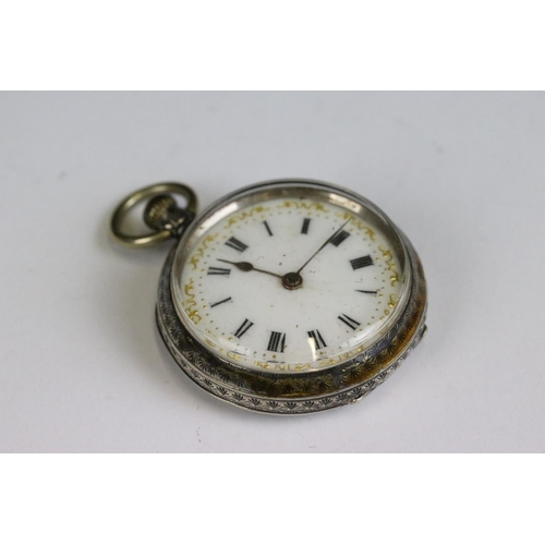 221 - A collection of three silver cased ladies fob watches, two with enamel decoration to the dial.