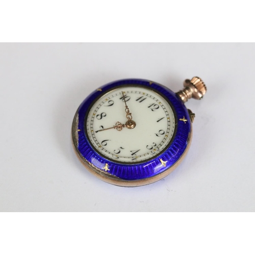 224 - An antique ladies yellow metal fob watch with enamel and gilt decoration.