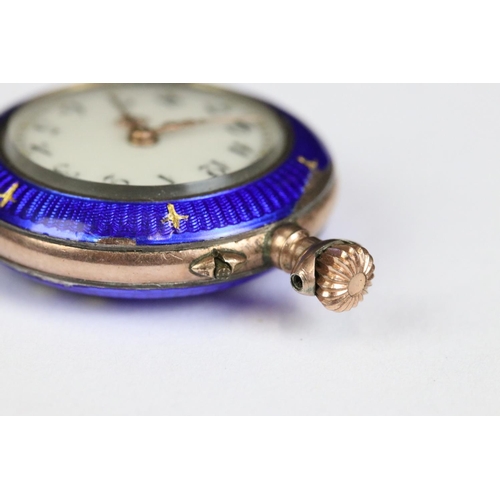 224 - An antique ladies yellow metal fob watch with enamel and gilt decoration.