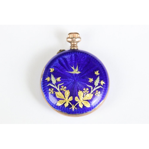 224 - An antique ladies yellow metal fob watch with enamel and gilt decoration.