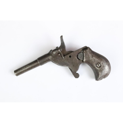 241 - An antique pistol together with a leather powder flask.