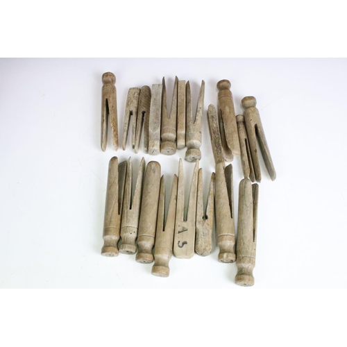 269 - A collection of old wooden dolly pegs together with a vintage wooden box, Turkish Embroidered Towel ... 