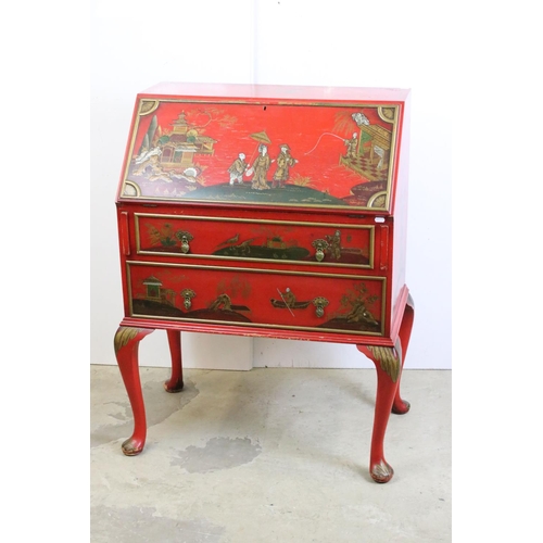 471 - Early 20th century Red Lacquered Bureau with chinoiserie decoration including figures, birds and flo... 