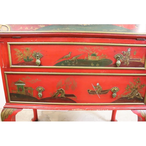 471 - Early 20th century Red Lacquered Bureau with chinoiserie decoration including figures, birds and flo... 