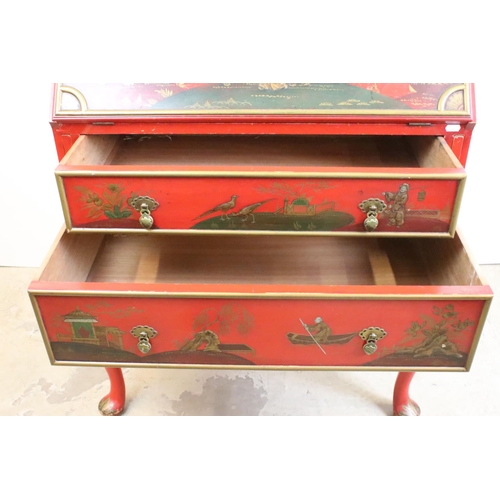 471 - Early 20th century Red Lacquered Bureau with chinoiserie decoration including figures, birds and flo... 