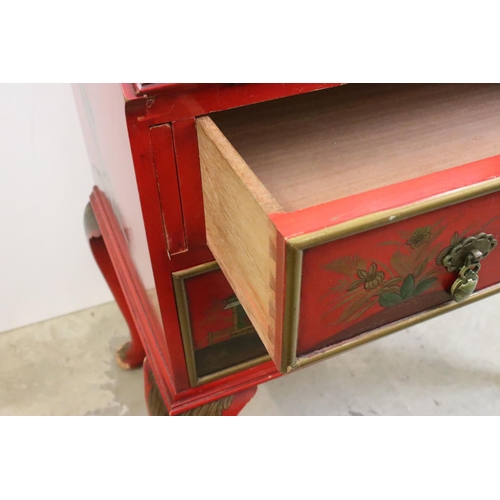 471 - Early 20th century Red Lacquered Bureau with chinoiserie decoration including figures, birds and flo... 