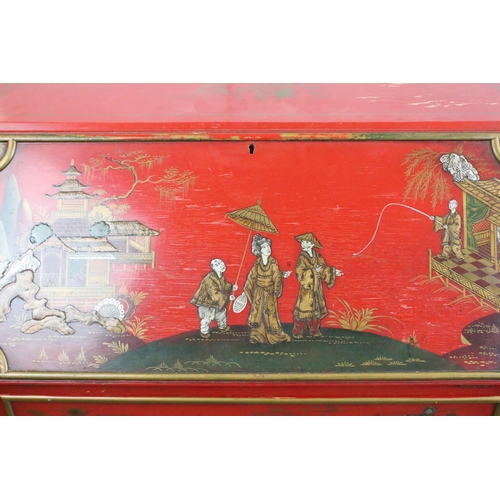 471 - Early 20th century Red Lacquered Bureau with chinoiserie decoration including figures, birds and flo... 