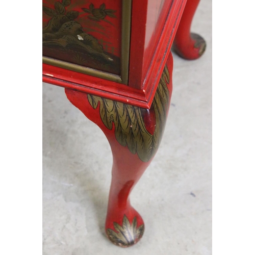 471 - Early 20th century Red Lacquered Bureau with chinoiserie decoration including figures, birds and flo... 