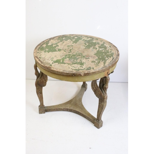 474 - Pair of Distressed Painted Circular Lamp Tables in the Empire manner, each raised on three supports ... 