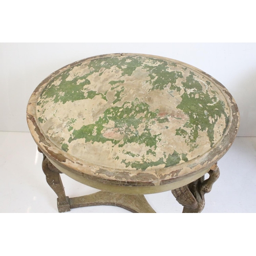 474 - Pair of Distressed Painted Circular Lamp Tables in the Empire manner, each raised on three supports ... 