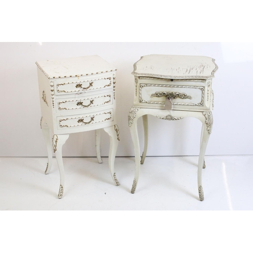 483 - Two French style Cream Painted Bedside Cabinets with moulded floral and foliate decoration, one with... 