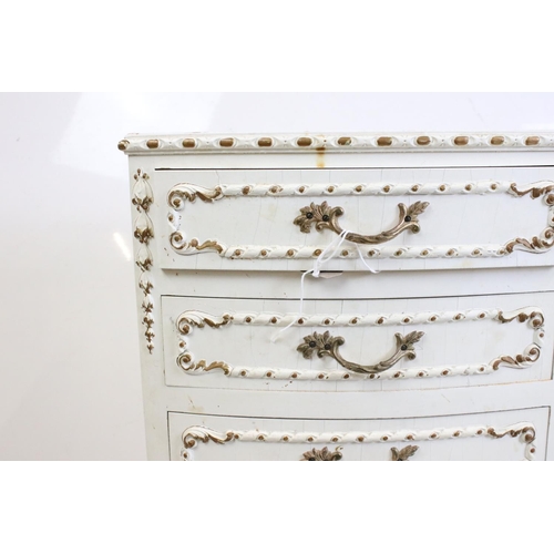 483 - Two French style Cream Painted Bedside Cabinets with moulded floral and foliate decoration, one with... 