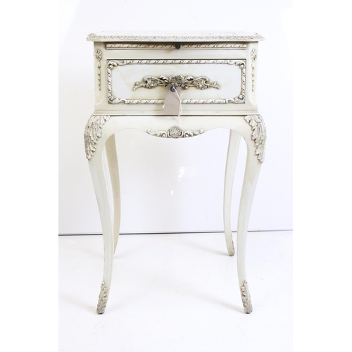 483 - Two French style Cream Painted Bedside Cabinets with moulded floral and foliate decoration, one with... 