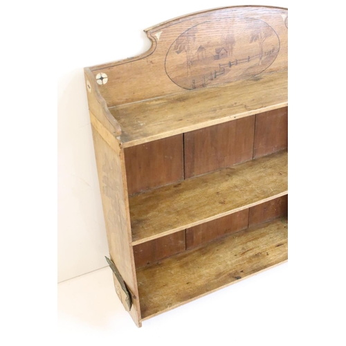 496 - Late 19th / Early 20th century Oak Hanging Three Tier Shelf with hand painted farmstead design to to... 