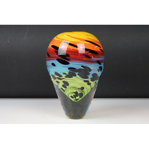 12 - Studio glass tapering vase with mottled rainbow swirl design within a clear glass casing (signed to ... 