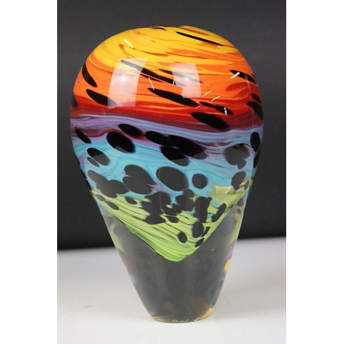 12 - Studio glass tapering vase with mottled rainbow swirl design within a clear glass casing (signed to ... 