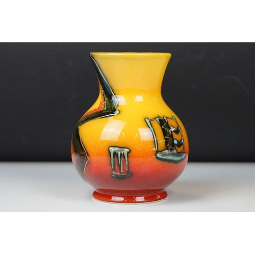 15 - Anita Harris Art Pottery Trojan shaped vase, with geometric & stylised boat decoration, on a red & y... 