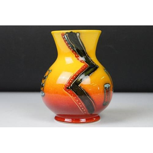 15 - Anita Harris Art Pottery Trojan shaped vase, with geometric & stylised boat decoration, on a red & y... 