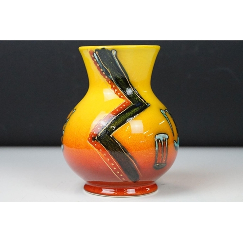 15 - Anita Harris Art Pottery Trojan shaped vase, with geometric & stylised boat decoration, on a red & y... 