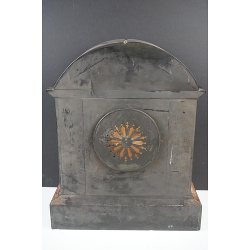 150 - Victorian black slate mantle clock of architectural form, with brass dial, the case with inlaid foli... 