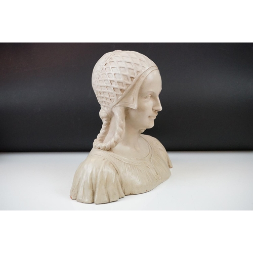 2 - Painted pottery bust of a female with headdress and plaited hair, signed Gennelletti, approx 33.5cm ... 