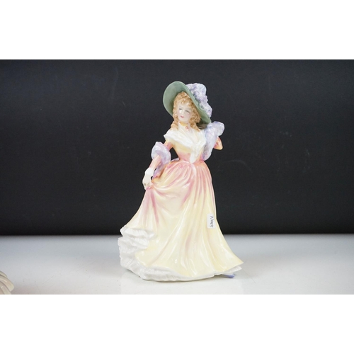 27 - 3 Royal Doulton figures - HN3303 Tender Moments, HN3360 Katie, HN3369 Hannah; with a Royal Worcester... 